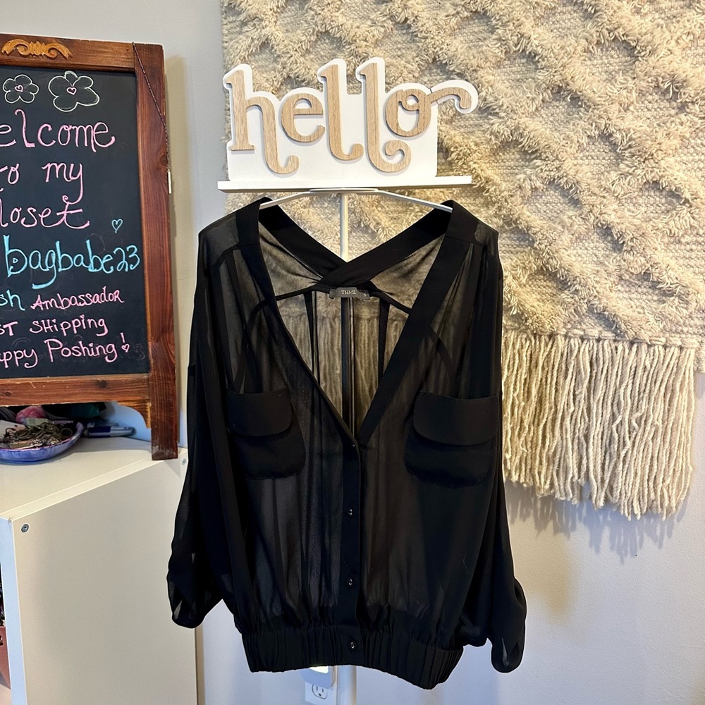 THML Black Sheer Small Blouse with Pockets NWOT